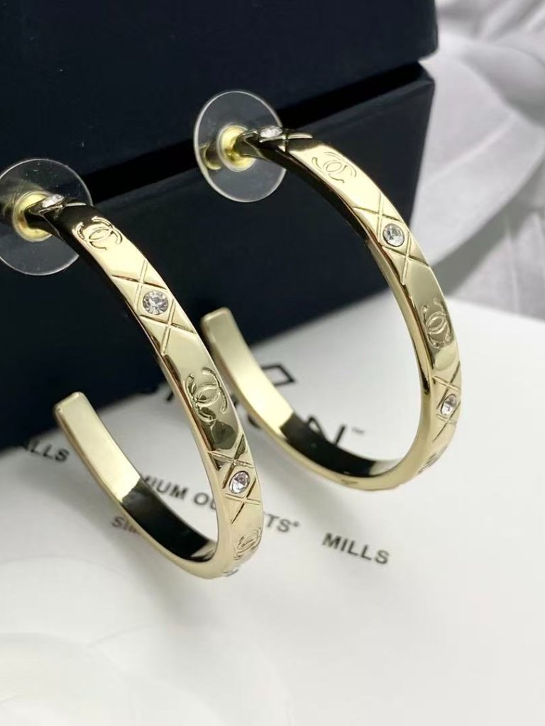 Chanel Quilted Double-C Diamond-Set C-Shaped Hoop Earrings